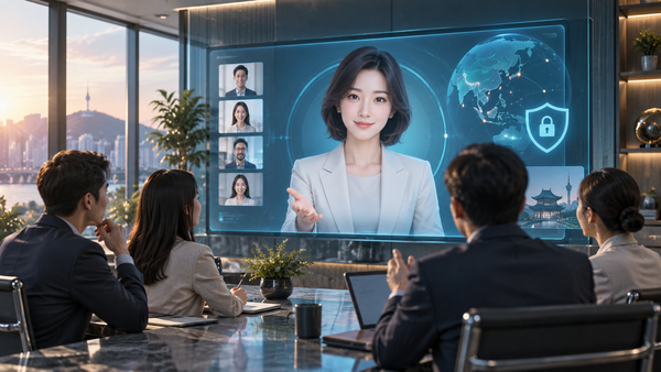 기업용 AI 영상 커뮤니케이션과 신뢰·안전 기준을 상징하는 전문적인 디지털 일러스트